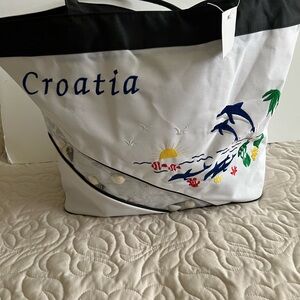 New! Croatia White tote bag with black trim